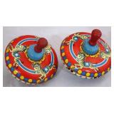 set of 2 Ohio Art tin litho spinning tops