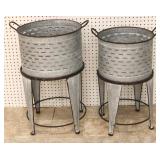 Pair galvanized bucket planters on stands