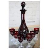 Red Decanter and 6 glasses