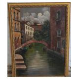 Oil on Canvas signed bridge in the city