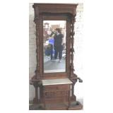 Victorian walnut carved hall tree w/ marble
