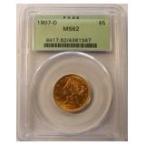1907-D PCGS MS62 $5 GOLD COIN