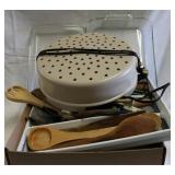 Box lot of kitchen items, wood spoons, etc