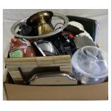 Box lot of assorted household items- Iron, etc