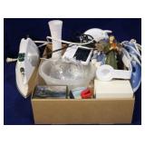 Box lot of assorted items-2 elec. irons