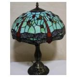 Green stained glass dragonfly lamp