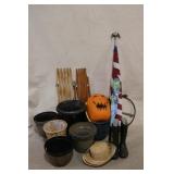 Group of assorted pots and flag, etc