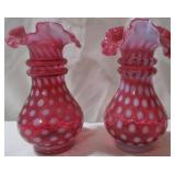 Pair of Fenton Opalescent Coin Dot Cranbery vases