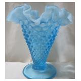Small Blue Opalescent Ruffled Edge Vase