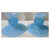 Pair of Blue Hobnail Candle Holders