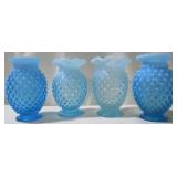 4 Blue Hobnail Vases