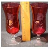 Pair Etched Ruby Red Glasses