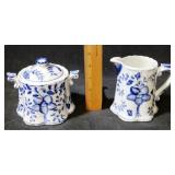 Blue / White Transferware Creamer + Sugar Set 2pc