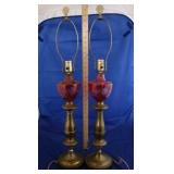 Pair Etched Cranberry Glass Lamps (2pc)