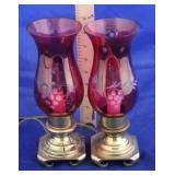 Pair Brass Lamps w/Etched Cranberry Glass Shades