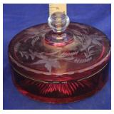 Etched Cranberry Glass Dish w/Lid