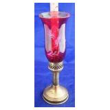 Etched Ruby Red Glass w/ Bras Base Candle Holder