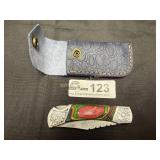 Custom made Damascus blade pocket knife & sheath