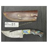 Damascus camping / hunting knife with gut hook
