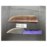 Purple Handle hunting knife with leath sheath
