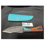 Damascus steel hunting knife with Teal Sheath