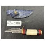 Damascus fix tang blade knife with sheath
