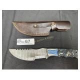 Damascus steel tracker knife with leather sheath