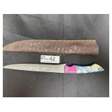 Damascus blade Filet Knife with leather sheath