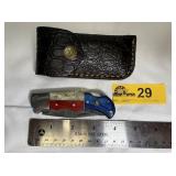 Damascus steel folding blade pocket knife & sheath
