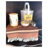 POTTERY VASE, ICE BUCKET, AND INDIAN PLACEMAT