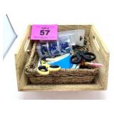 WOOD BOX OF OFFICE SUPPLIES