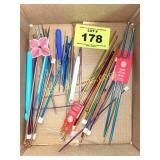 BOX OF ASST KNITTING AND CROCHET NEEDLES , HOOKS