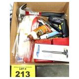 BOX W TOOLS, HAMMER, ZIP TIES, ETC.