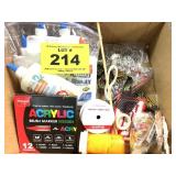 BOX OF CRAFT ITEMS, GLUE, ACRYLIC BRUSH MARKERS