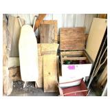 LARGE STACK W WOOD CRATE, HARDWARE, WOOD, ETC.