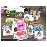 FIGURINES, TRACTOR PLANTER, SEA SHELL SPOONS, ETC
