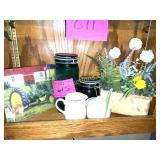 CUPS, CANISTERS, FLOWER ETC.
