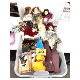 ASSORTED DOLLS AND PLASTIC CONTAINER NO LID