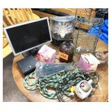 BROWN BOTTLE, MONITOR, LIGHT, ETC