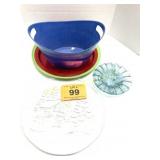 GLASS BOWL, HOLIDAY SERVING PLATTER AND PLASTICS