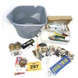 BUCKET WITH PENCILS, CIGAR CUTTER, PATCH BOOKMARKS
