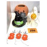 HALLOWEEN DECORATIONS AND TOTE OF DECORATIONS