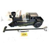 VINTRAGE LOCOMOTIVE TOY (DAMAGED) AND CANE