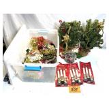 PLASTIC TUB WITH CHRISTMAS DECORTIONS - CANDLES
