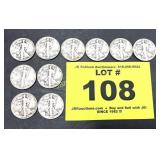 WALKING LIBERTY SILVER HALF DOLLAR COINS X 10