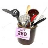 CROCK  FULL OF KITCHEN UTENSILS