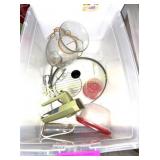 PLASTIC TOTE WITH HOUSEHOLD ITEMS, HAND MIXER