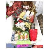 PLASTIC TOTE OF CHRISTMAS DECORATIONS