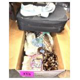 BOX OF CLOTHES AND BOOKS, TRAVEL SUITCASE