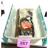 PLASTIC TOTE WITH TRIMMER SUPPLIES